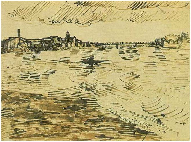 Vincent van Gogh El Rhone con barcos y un puente Drawing Vincent van Gogh's El Rhone con barcos y un puente Drawing