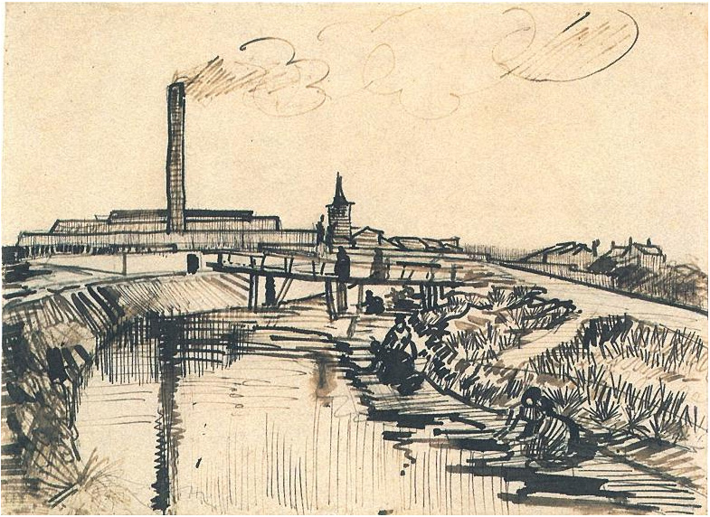 Vincent van Gogh Canal con puente y mujeres lavando Drawing Vincent van Gogh's Canal con puente y mujeres lavando Drawing