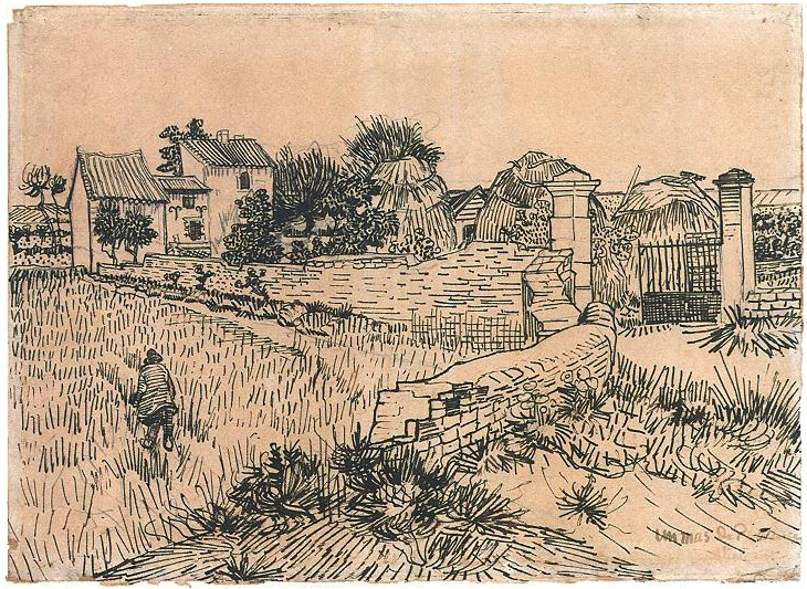 Vincent van Gogh Puerta de entrada de una granja con pajares Drawing Vincent van Gogh's Puerta de entrada de una granja con pajares Drawing