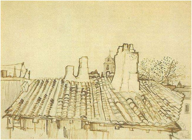 Vincent van Gogh Techo de tejas con chimeneas y torre de iglesia Drawing Vincent van Gogh's Techo de tejas con chimeneas y torre de iglesia Drawing
