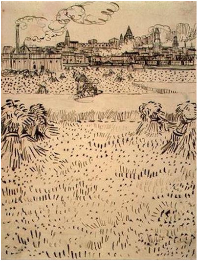 Vincent van Gogh Campo de trigo con poleas y Arles en el fondo Drawing Vincent van Gogh's Campo de trigo con poleas y Arles en el fondo Drawing