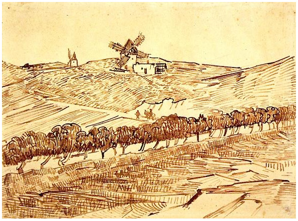 Vincent van Gogh Paisaje con el molino de Alphonse Daudet Drawing Vincent van Gogh's Paisaje con el molino de Alphonse Daudet Drawing