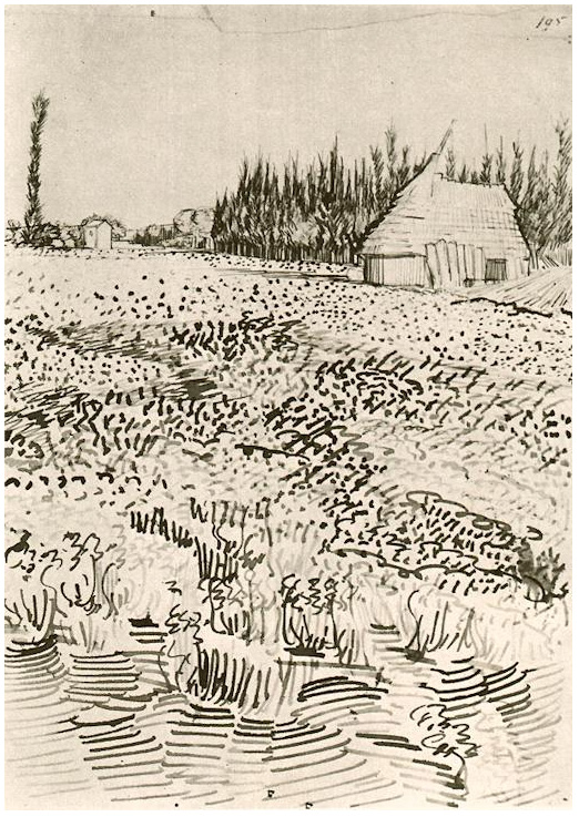 Vincent van Gogh Paisaje con choza en la Camargue Drawing Vincent van Gogh's Paisaje con choza en la Camargue Drawing