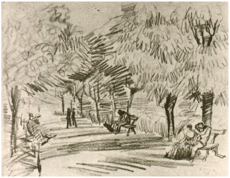 Vincent van Gogh Un camino en el jardín público con bancos Drawing Vincent van Gogh's Un camino en el jardín público con bancos Drawing