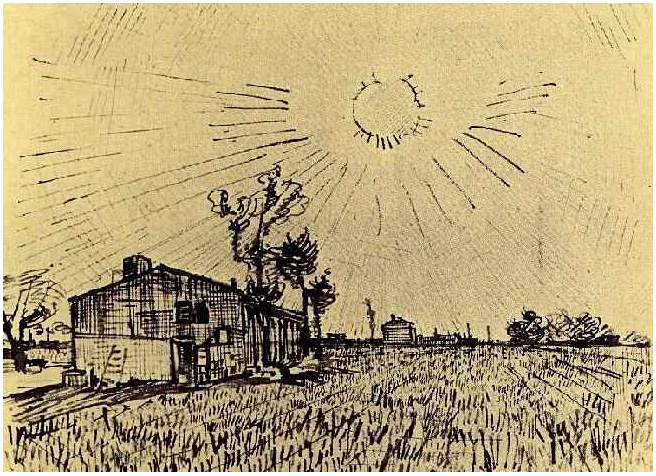 Vincent van Gogh Capo con casa bajo el cielo con disco del sol Drawing Vincent van Gogh's Capo con casa bajo el cielo con disco del sol Drawing