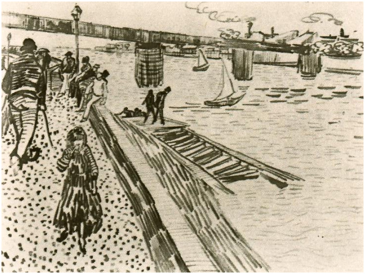 Vincent van Gogh Vista de un río, muelle, y puente Drawing Vincent van Gogh's Vista de un río, muelle, y puente Drawing
