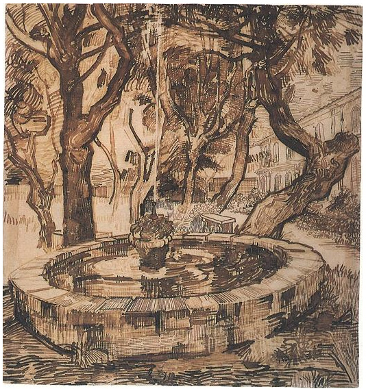 Vincent van Gogh Fuente en el jardín del hospital de Saint-Paul Drawing Vincent van Gogh's Fuente en el jardín del hospital de Saint-Paul Drawing