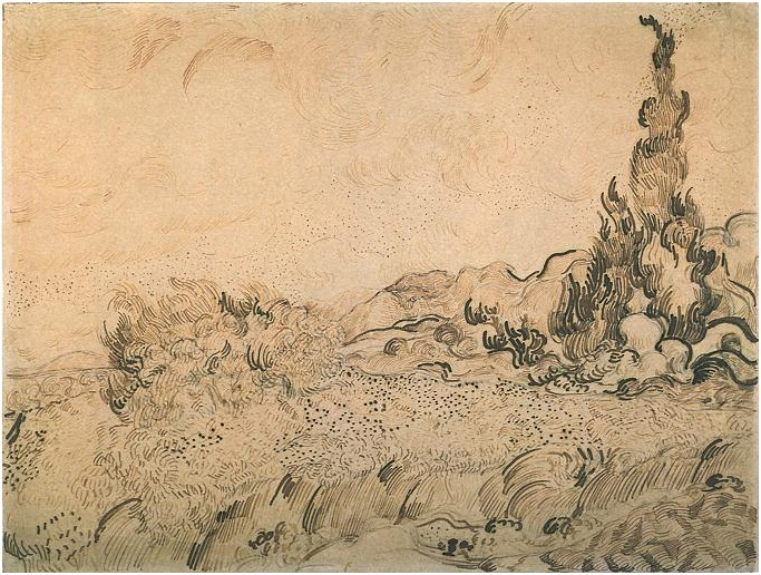 Vincent van Gogh Campo de trigo con cipreses Drawing Vincent van Gogh's Campo de trigo con cipreses Drawing