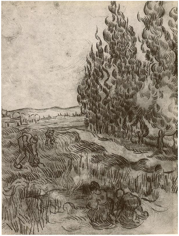 Vincent van Gogh Cipreses y cuatro personas trabajando en el campo Drawing Vincent van Gogh's Cipreses y cuatro personas trabajando en el campo Drawing
