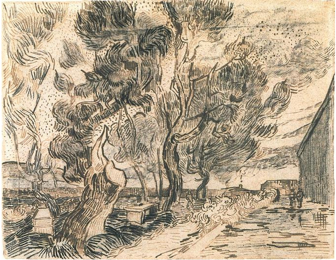 Vincent van Gogh Esquina del asilo y el jardín con un árbol pesado y recortado Drawing Vincent van Gogh's Esquina del asilo y el jardín con un árbol pesado y recortado Drawing