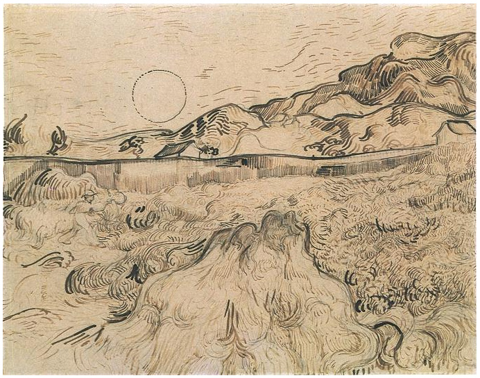 Vincent van Gogh Campo de trigo cercado con segador Drawing Vincent van Gogh's Campo de trigo cercado con segador Drawing