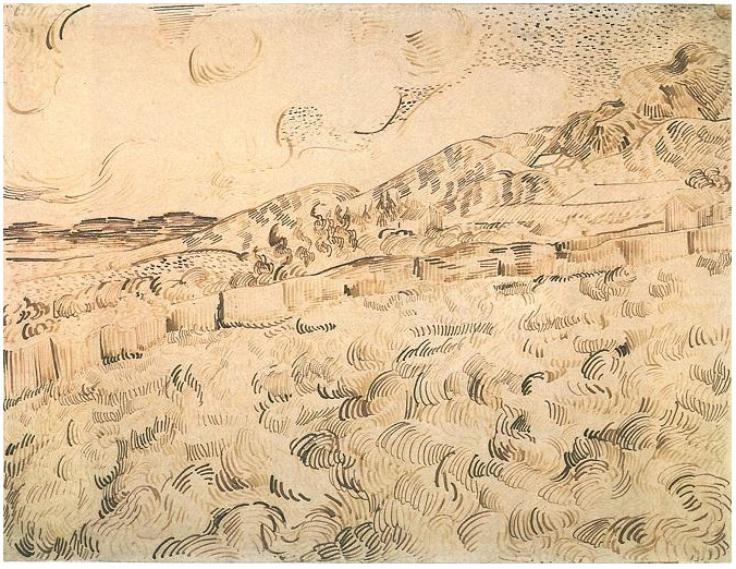 Vincent van Gogh Paisaje de montaña visto a través de las paredes Drawing Vincent van Gogh's Paisaje de montaña visto a través de las paredes Drawing