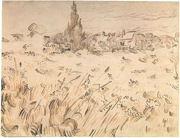 Vincent van Gogh Campo de trigo con cipreses Drawing Vincent van Gogh's Campo de trigo con cipreses Drawing