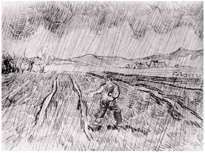 Vincent van Gogh's Enclosed Field with a Sower in the Rain Drawing