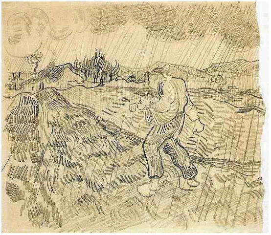 Vincent van Gogh Campo cercado con un sembrador en la lluvia Drawing Vincent van Gogh's Campo cercado con un sembrador en la lluvia Drawing