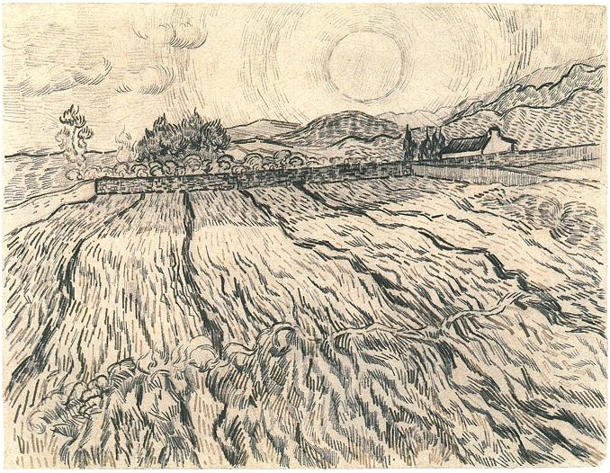 Vincent van Gogh Campo cercado detrás del hospital de Saint-Paul Drawing Vincent van Gogh's Campo cercado detrás del hospital de Saint-Paul Drawing