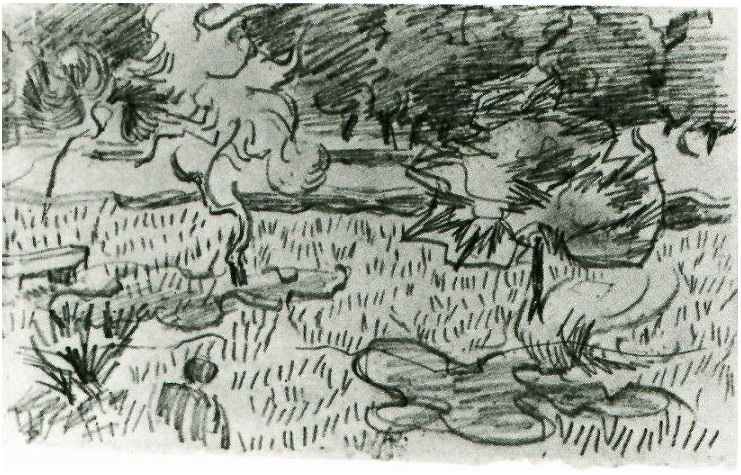 Vincent van Gogh Árboles y un banco de piedra en el jardín del asilo Drawing Vincent van Gogh's Árboles y un banco de piedra en el jardín del asilo Drawing