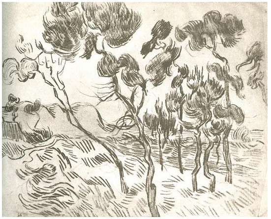 Vincent van Gogh Un grupo de pinos cerca de una casa Drawing Vincent van Gogh's Un grupo de pinos cerca de una casa Drawing