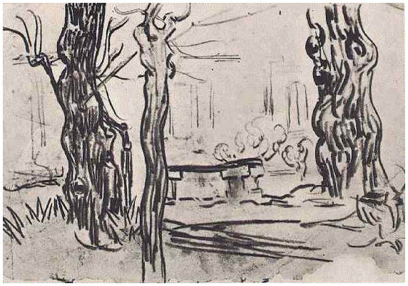 Vincent van Gogh Jardín del asilio y troncos y un banco de piedra Drawing Vincent van Gogh's Jardín del asilio y troncos y un banco de piedra Drawing