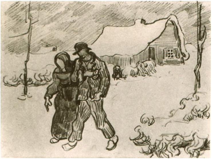 Vincent van Gogh Gente caminando enfrente de la casita de campo cubierta de nieve Drawing Vincent van Gogh's Gente caminando enfrente de la casita de campo cubierta de nieve Drawing