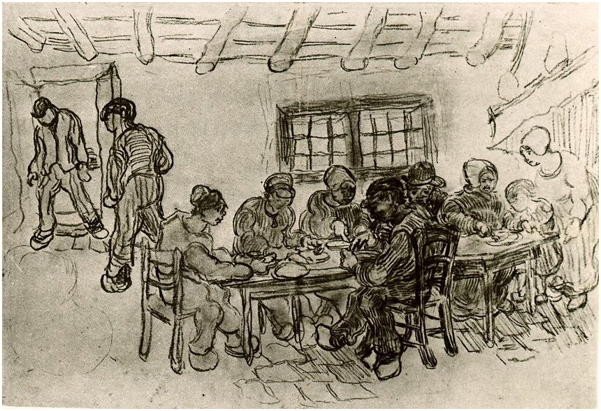 Vincent van Gogh Hoja con dos grupos de campesinos durante una comida Drawing Vincent van Gogh's Hoja con dos grupos de campesinos durante una comida Drawing