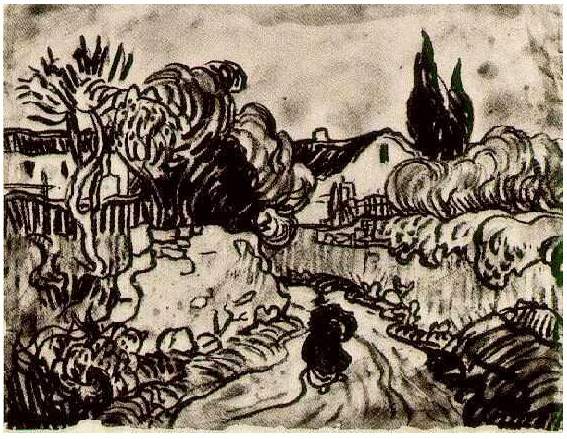 Vincent van Gogh Paisaje con casas entre árboles y una figura Drawing Vincent van Gogh's Paisaje con casas entre árboles y una figura Drawing
