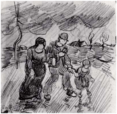 Vincent van Gogh Pareja caminando cogidos del brazo con un niño en la lluvia Drawing Vincent van Gogh's Pareja caminando cogidos del brazo con un niño en la lluvia Drawing