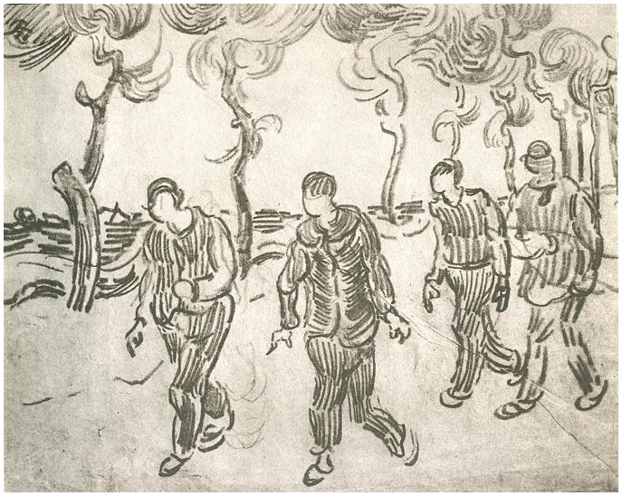 Vincent van Gogh Cuatro hombres en una carretera con pinos Drawing Vincent van Gogh's Cuatro hombres en una carretera con pinos Drawing
