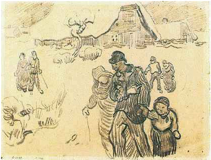 Vincent van Gogh Casitas de campo cubiertas de nieve, una pareja con un hijo, y otros que caminan Drawing Vincent van Gogh's Casitas de campo cubiertas de nieve, una pareja con un hijo, y otros que caminan Drawing