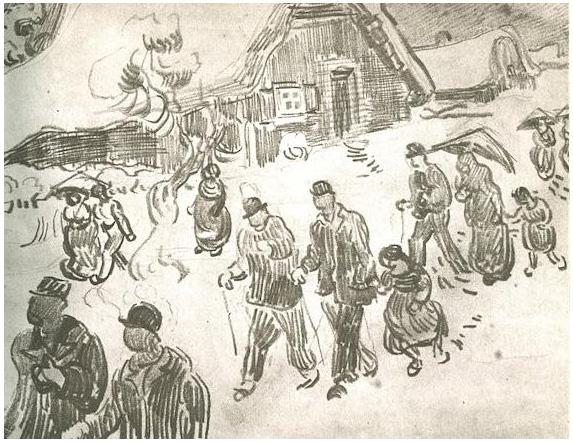 Vincent van Gogh Gente caminando enfrente de la casita de campo cubierta de nieve Drawing Vincent van Gogh's Gente caminando enfrente de la casita de campo cubierta de nieve Drawing