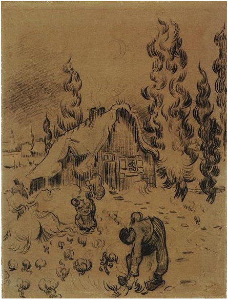 Vincent van Gogh Casitas de campo cubiertas de nieve con cipreses y figuras Drawing Vincent van Gogh's Casitas de campo cubiertas de nieve con cipreses y figuras Drawing