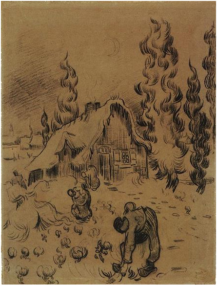 Vincent van Gogh's Snow-Covered Cottages with Cypresses and Figures Drawing