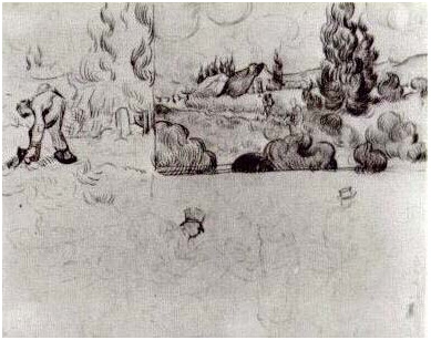 Vincent van Gogh Estudios de un hombre cavando y un paisaje con cipreses Drawing Vincent van Gogh's Estudios de un hombre cavando y un paisaje con cipreses Drawing