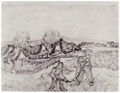 Vincent van Gogh Granjeros cavando y casitas de campo Drawing Vincent van Gogh's Granjeros cavando y casitas de campo Drawing