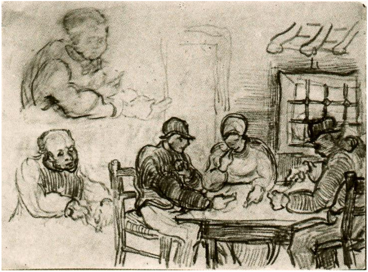Vincent van Gogh Hoja con campesinos comiendo y otras figuras Drawing Vincent van Gogh's Hoja con campesinos comiendo y otras figuras Drawing
