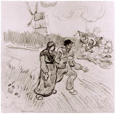 Vincent van Gogh Pareja cogidos del brazo y otras figuras, con un molino de viento en el fondo Drawing Vincent van Gogh's Pareja cogidos del brazo y otras figuras, con un molino de viento en el fondo Drawing