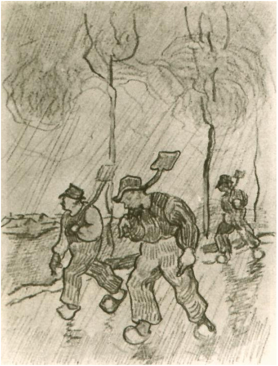 Vincent van Gogh Tres campesinos con espadas en una carretera en la lluvia Drawing Vincent van Gogh's Tres campesinos con espadas en una carretera en la lluvia Drawing