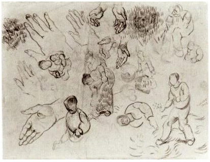 Vincent van Gogh Hoja con manos y varias figuras Drawing Vincent van Gogh's Hoja con manos y varias figuras Drawing