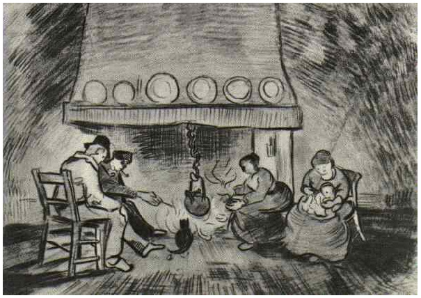 Vincent van Gogh Interior de una granja con figuras en el hogar Drawing Vincent van Gogh's Interior de una granja con figuras en el hogar Drawing