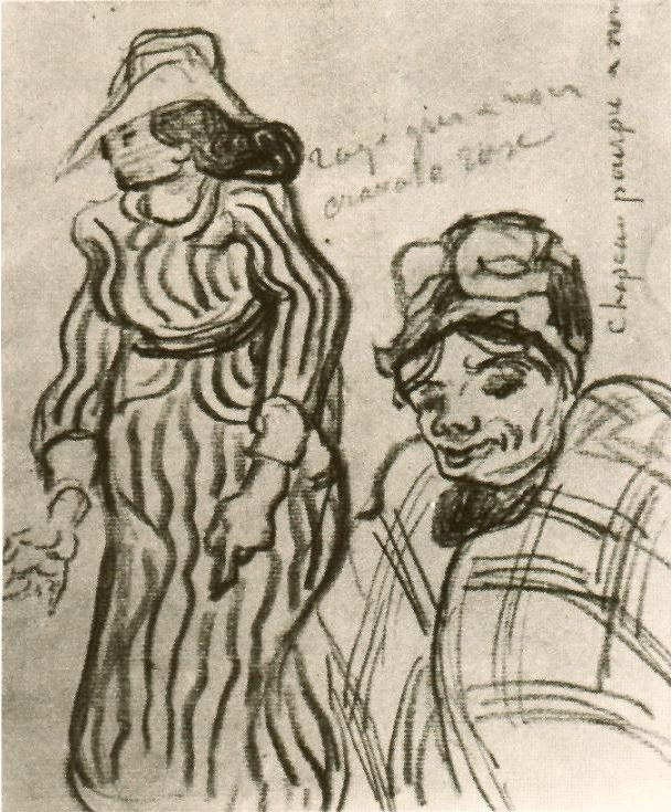 Vincent van Gogh Bosquejo de una mujer con vestido rayado y sombrero; y de otra mujer, media figura Drawing Vincent van Gogh's Bosquejo de una mujer con vestido rayado y sombrero; y de otra mujer, media figura Drawing