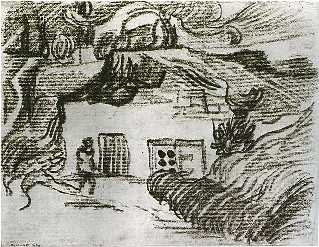 Vincent van Gogh Casas entre árboles con una figura Drawing Vincent van Gogh's Casas entre árboles con una figura Drawing