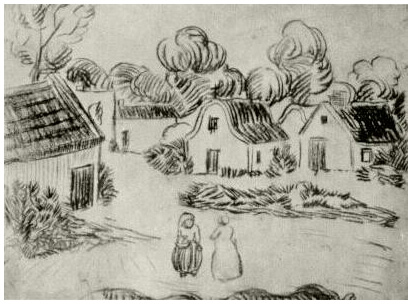 Vincent van Gogh Un grupo de casitas de campo con dos mujeres en primer plano Drawing Vincent van Gogh's Un grupo de casitas de campo con dos mujeres en primer plano Drawing