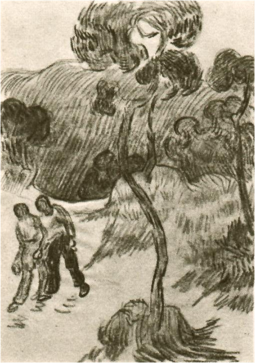 Vincent van Gogh Dos hombres caminando en un paisaje con árboles Drawing Vincent van Gogh's Dos hombres caminando en un paisaje con árboles Drawing