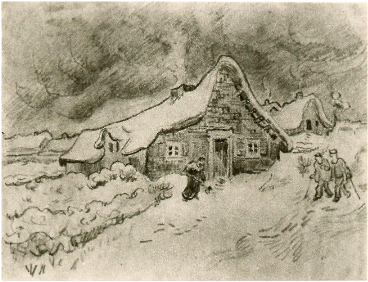 Vincent van Gogh Casitas de campo cubiertas de nieve con figuras Drawing Vincent van Gogh's Casitas de campo cubiertas de nieve con figuras Drawing