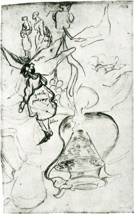 Vincent van Gogh Naturaleza muerta: Lata, libros, copa de vino, pan y aro; Bosquejo de dos mujeres y una niña Drawing Vincent van Gogh's Naturaleza muerta: Lata, libros, copa de vino, pan y aro; Bosquejo de dos mujeres y una niña Drawing