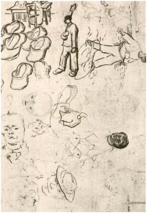 Vincent van Gogh Hoja con figuras en una mesa, un sembrador, zuecos, etc. Drawing Vincent van Gogh's Hoja con figuras en una mesa, un sembrador, zuecos, etc. Drawing