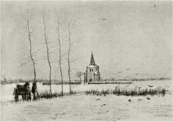 Vincent van Gogh Paisaje nevado con la Vieja Torre Drawing Vincent van Gogh's Paisaje nevado con la Vieja Torre Drawing