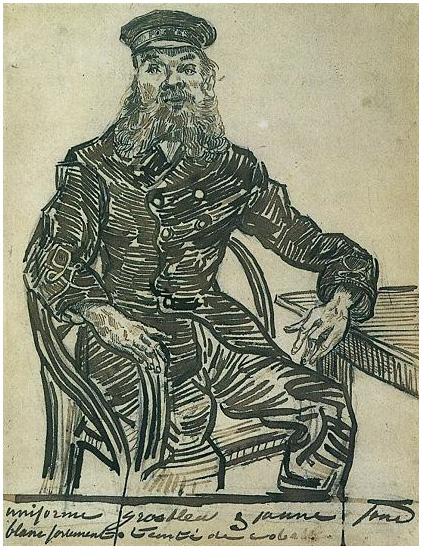 Vincent van Gogh Joseph Roulin, sentado en una silla de mimbre, de tres cuartos de longitud Drawing Vincent van Gogh's Joseph Roulin, sentado en una silla de mimbre, de tres cuartos de longitud Drawing