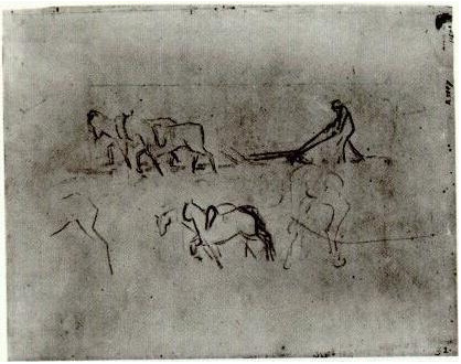 Vincent van Gogh Bosquejos de campesinos arando la tierra con caballos Drawing Vincent van Gogh's Bosquejos de campesinos arando la tierra con caballos Drawing