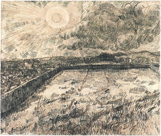 Vincent van Gogh Sun over Walled Wheat Field Drawing Vincent van Gogh's Sun over Walled Wheat Field Drawing